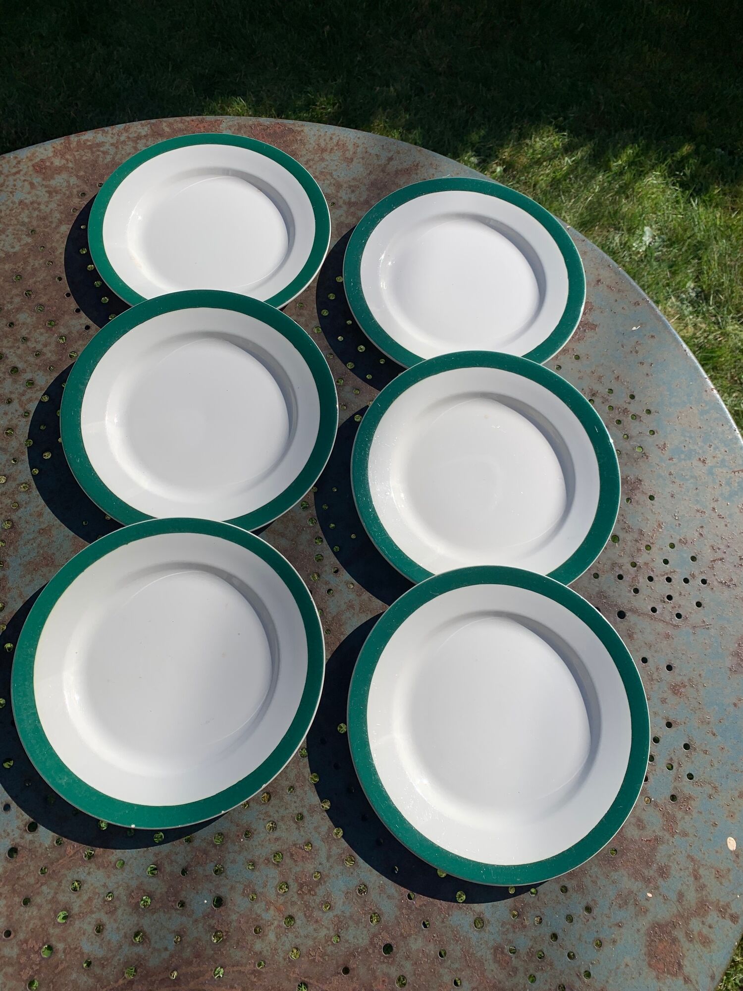 6 flat antique earthenware plates with dark green edging Digoin sarreguemines old france