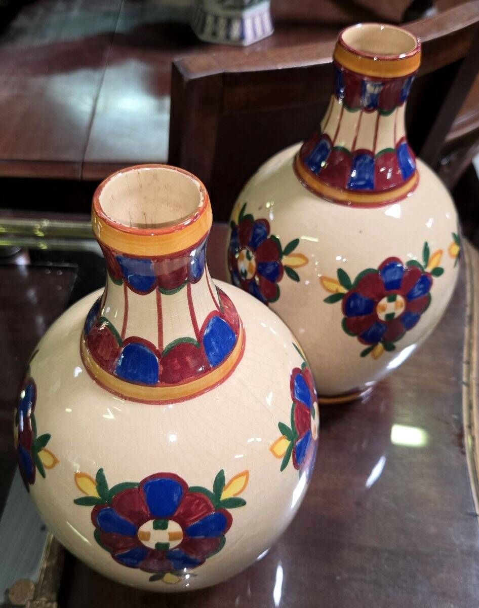 Desvres by Henri Delcourt: pair of signed Art Deco vases.