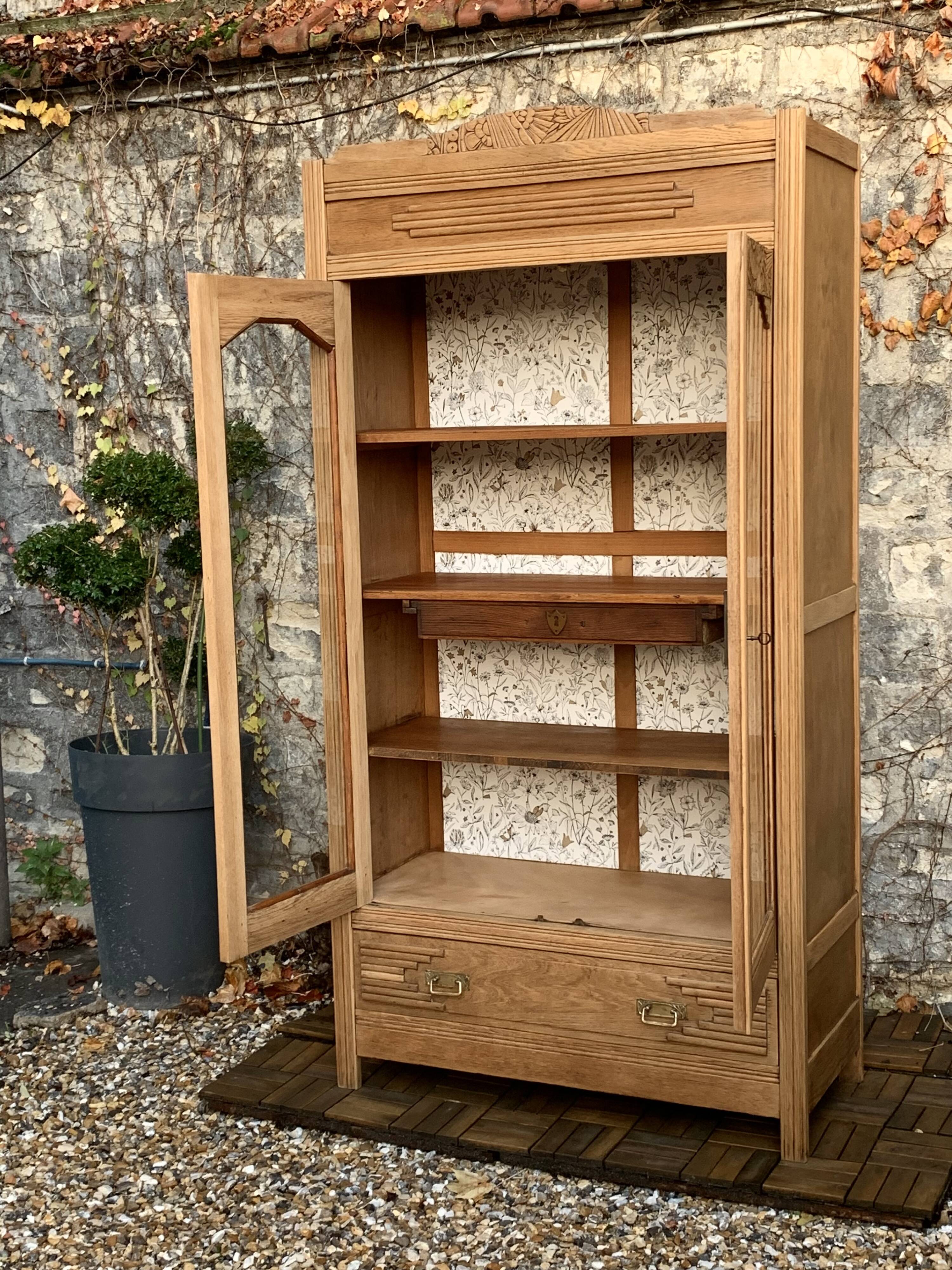 Parisian art deco glass cabinet in raw wood