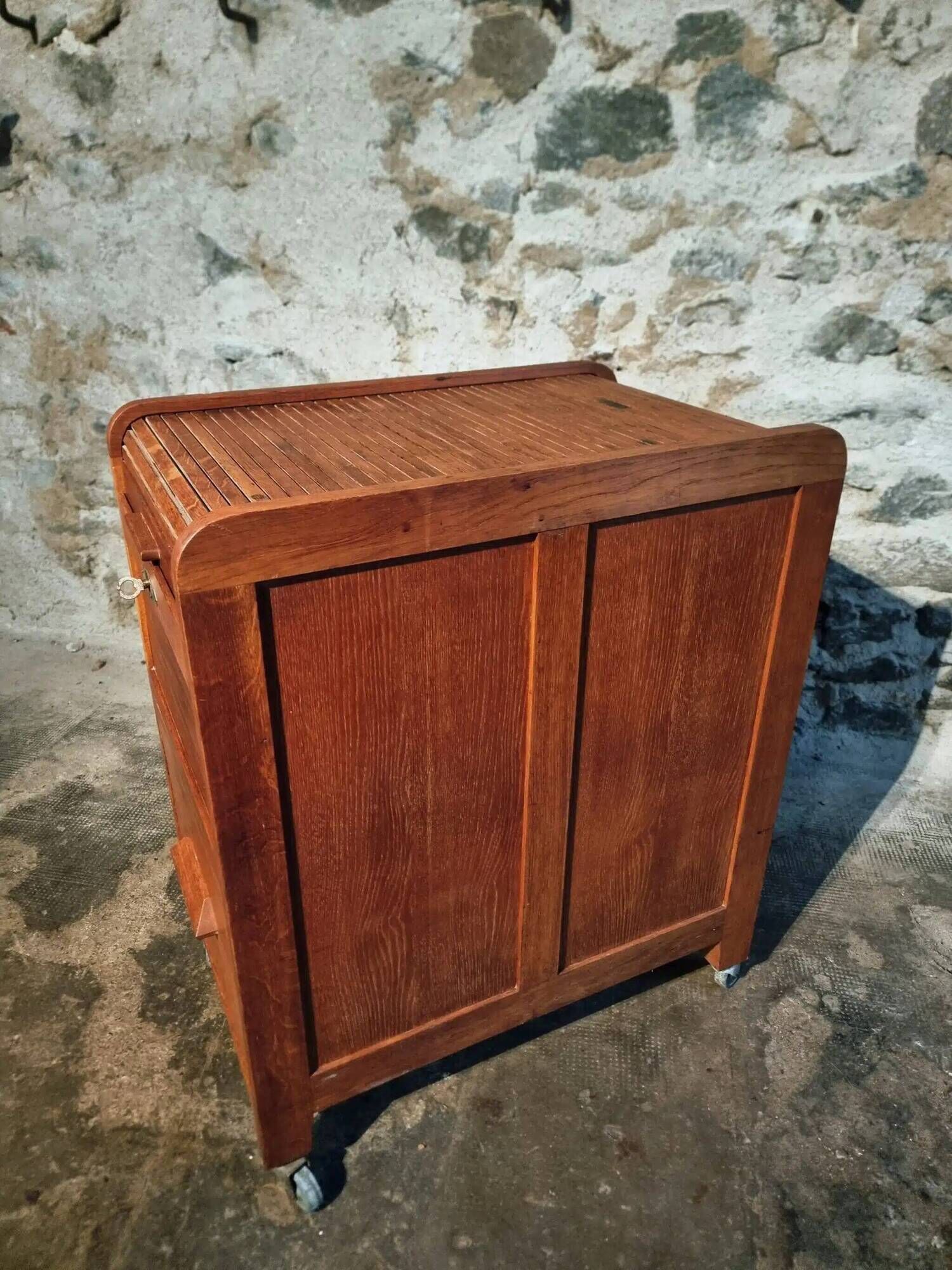 Vintage French oak office rolling cabinet with tambour door, 1950s.