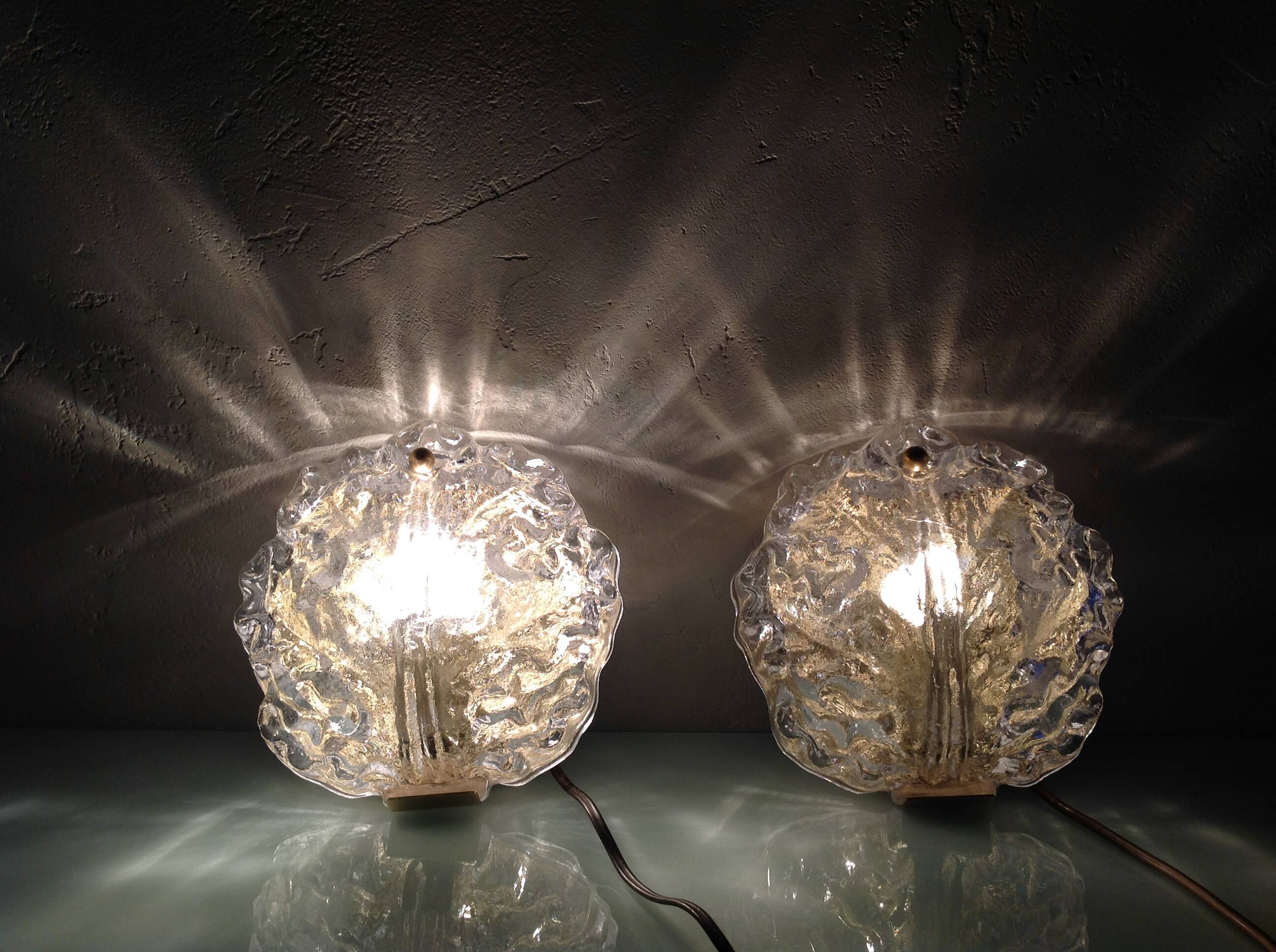 Pair of ice glass and brass wall lights by Limburg / vintage 60s-70s