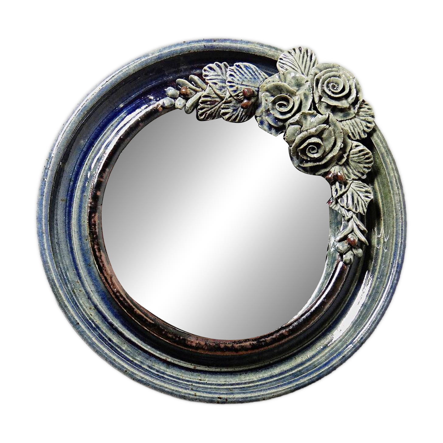 Round wall mirror in blue stoneware La Borne Catido floral decoration 1960 - Accidents