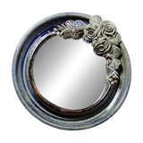 Round wall mirror in blue stoneware La Borne Catido floral decoration 1960 - Accidents