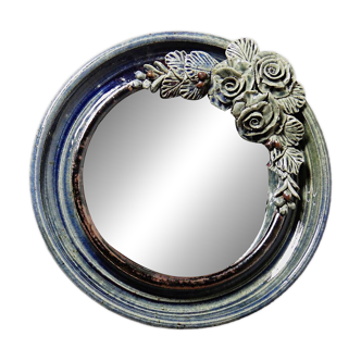 Round wall mirror in blue stoneware La Borne Catido floral decoration 1960 - Accidents