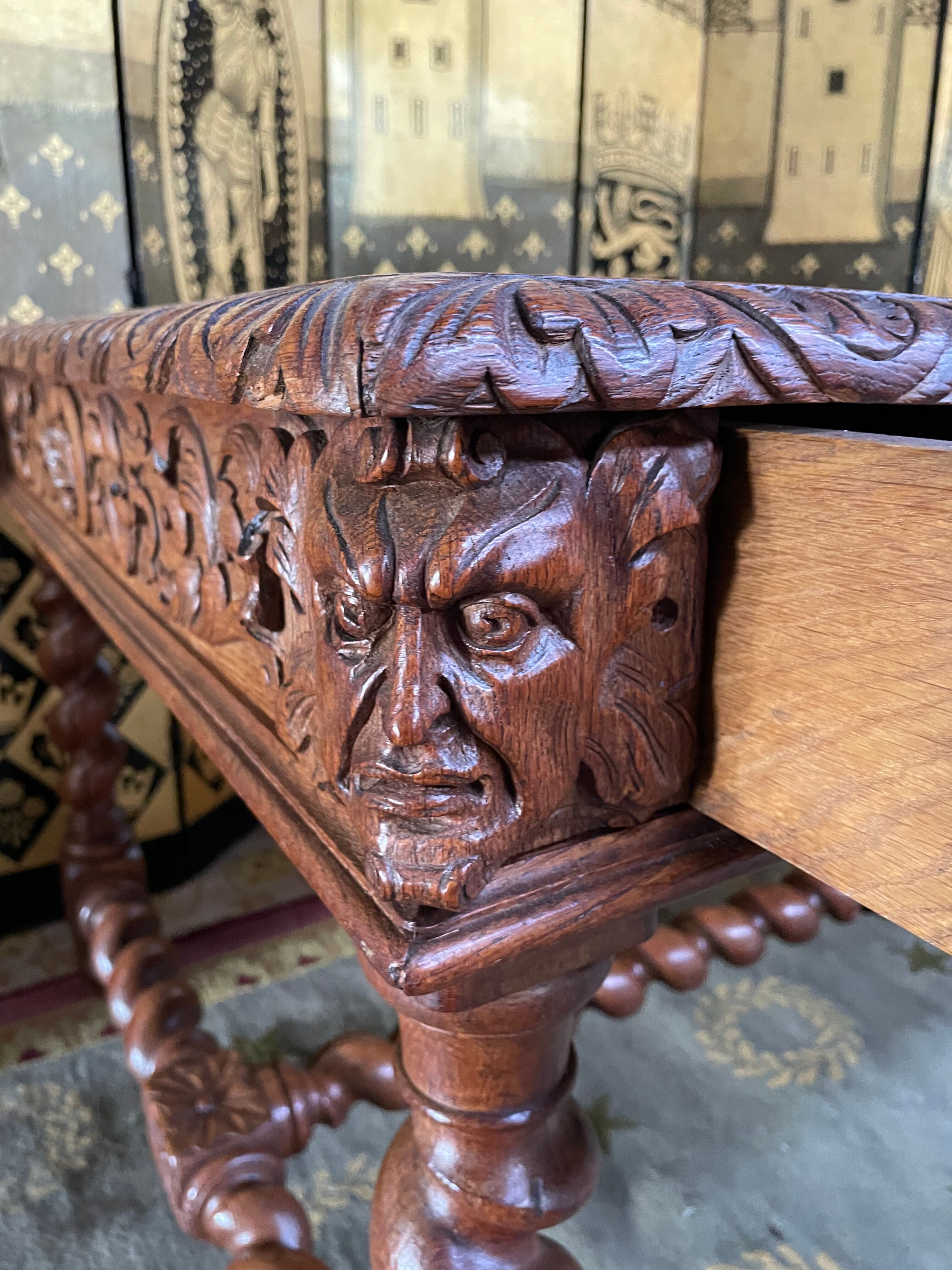 Office style Louis XIII solid oak carved restored