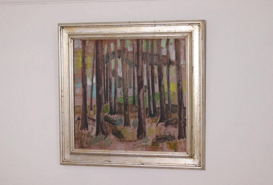Original mid-century Swedish oil on panel – “Tree Trunks” by Harry Wichmann – dated 1953 – vintage & framed – 69 × 71 cm