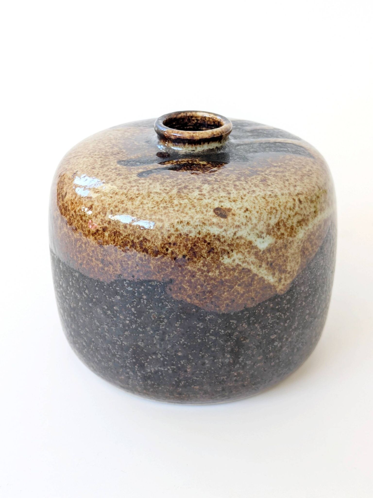 Round stoneware vase, brown and cream glaze, vintage handmade pottery