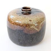 Round stoneware vase, brown and cream glaze, vintage handmade pottery
