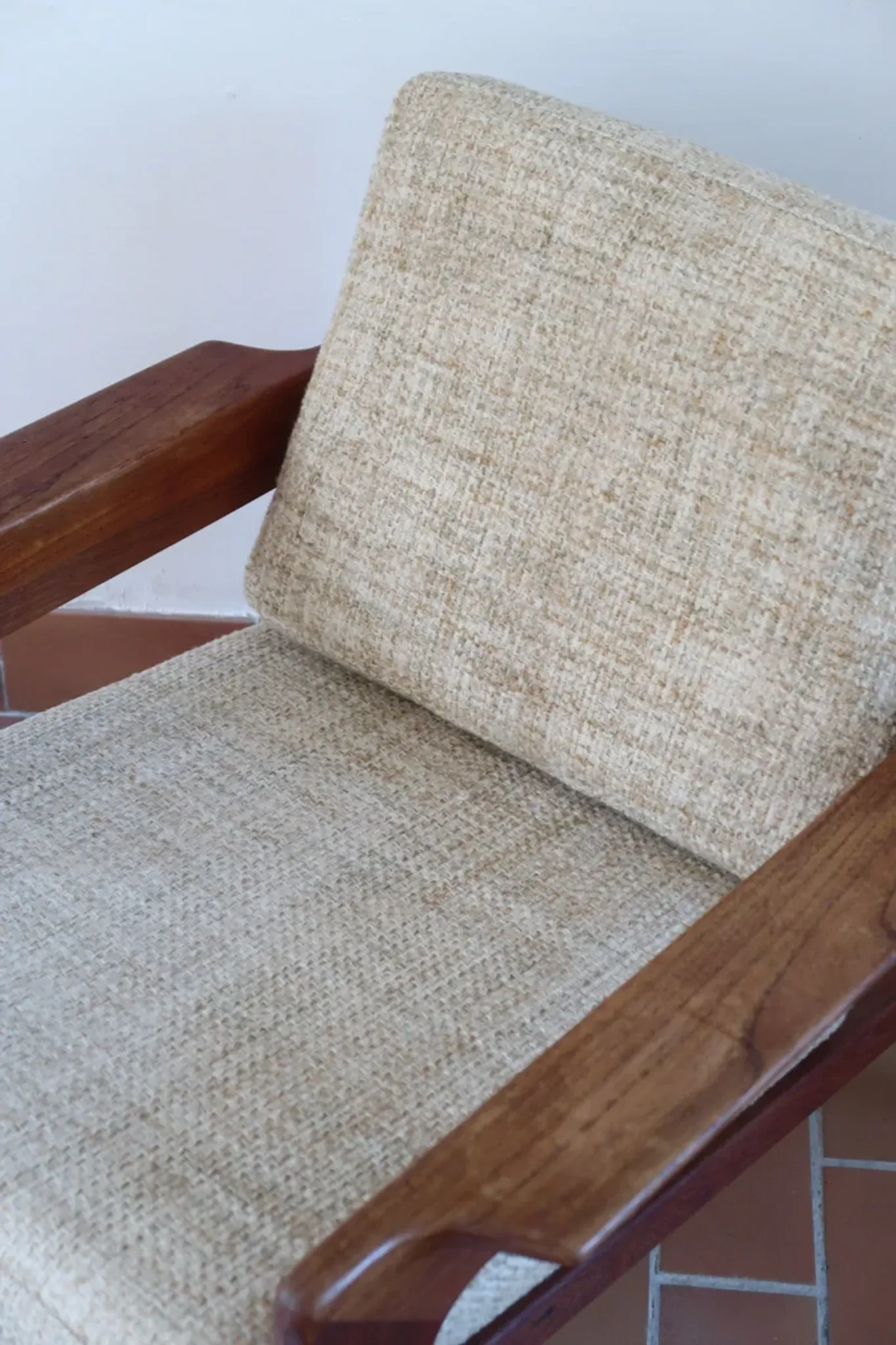 Scandinavian armchair, teak, beige fabric, 1960s.
