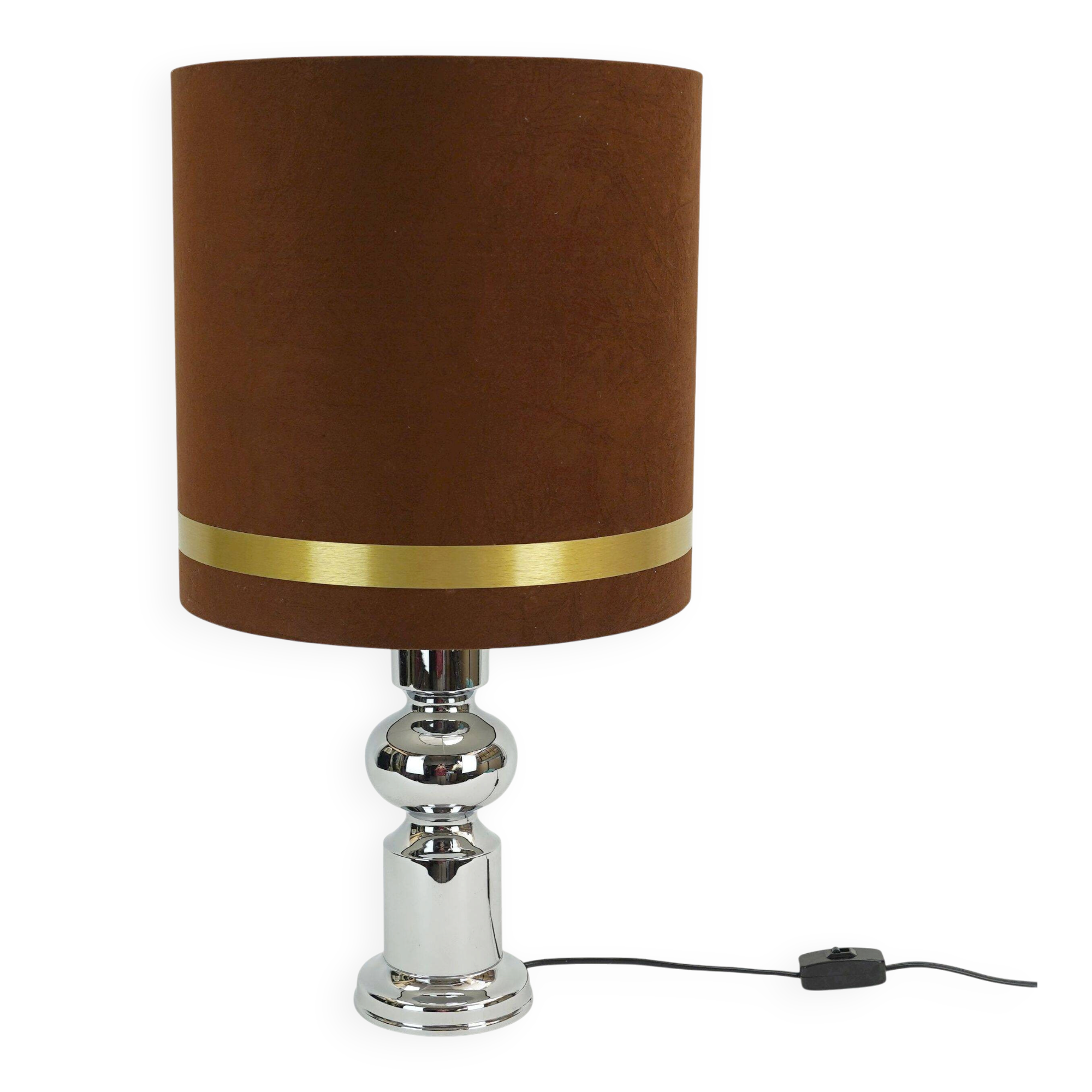 Lampe de table des années 1970 aro-leuchten, base en chrome, abat-jour en velours marron.