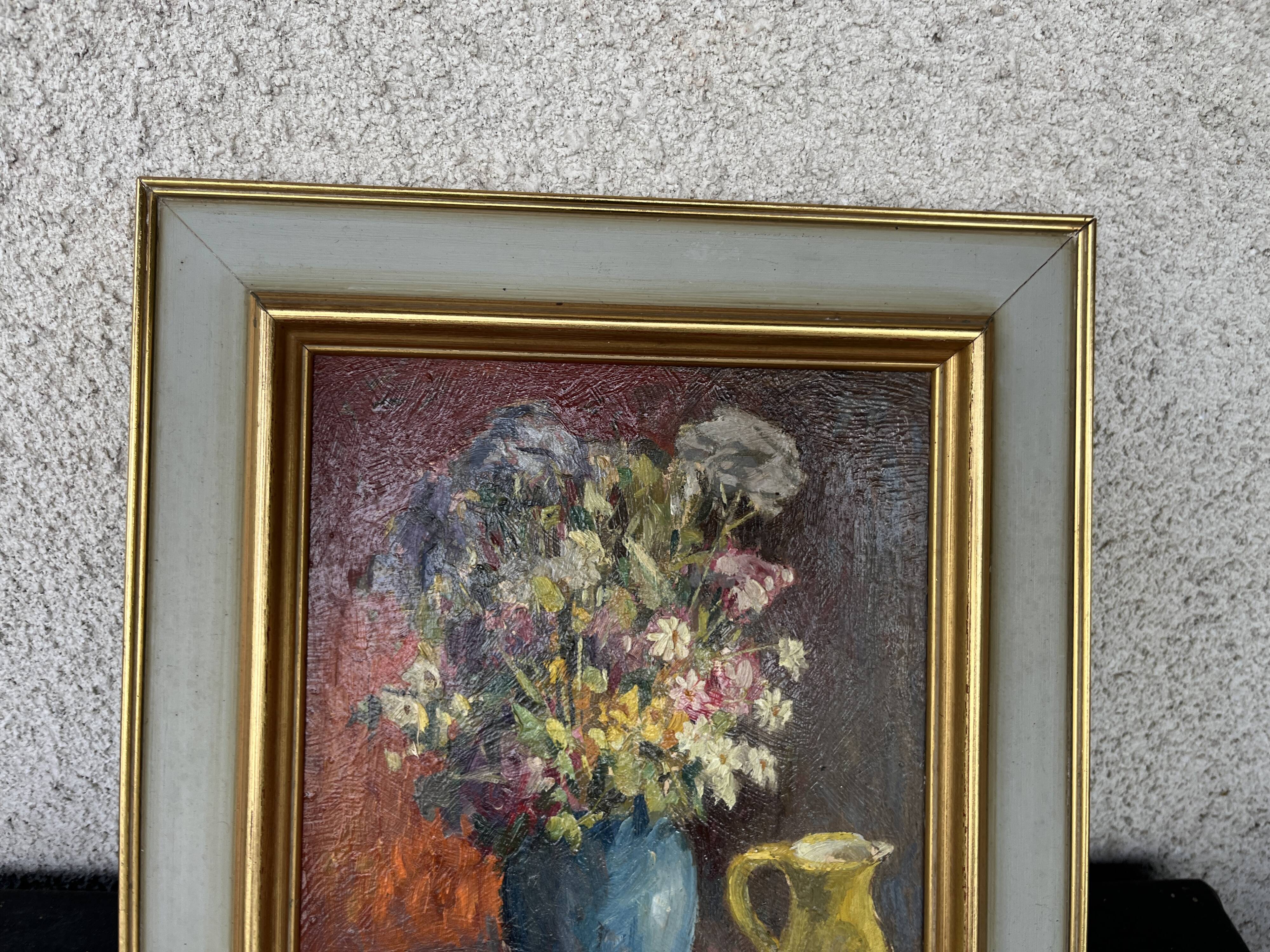 Tableau ancien nature morte "Bouquet de fleurs et pichet" – Huile sur panne