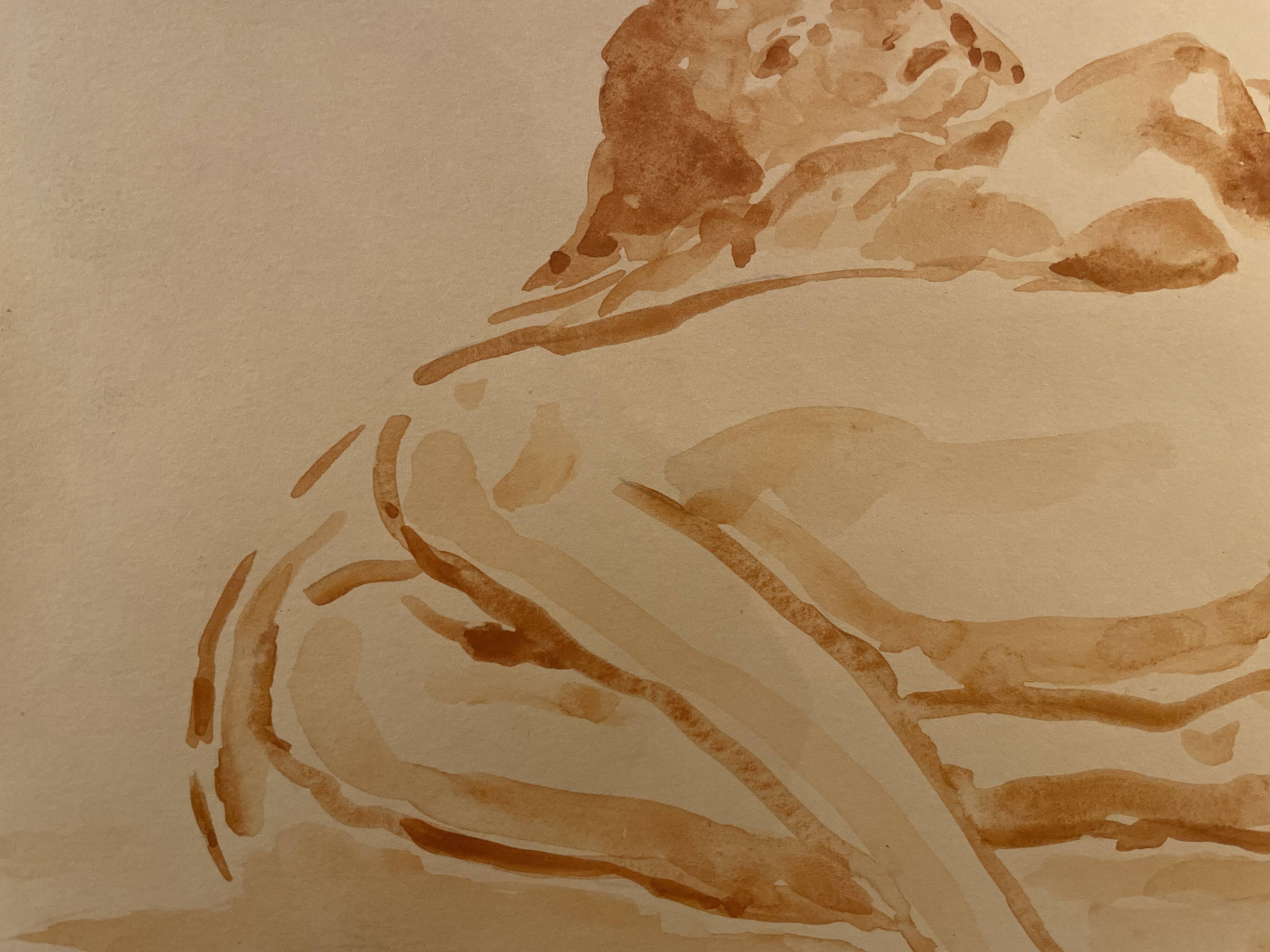 Signed painting monochrome watercolor female portrait "reclining study"