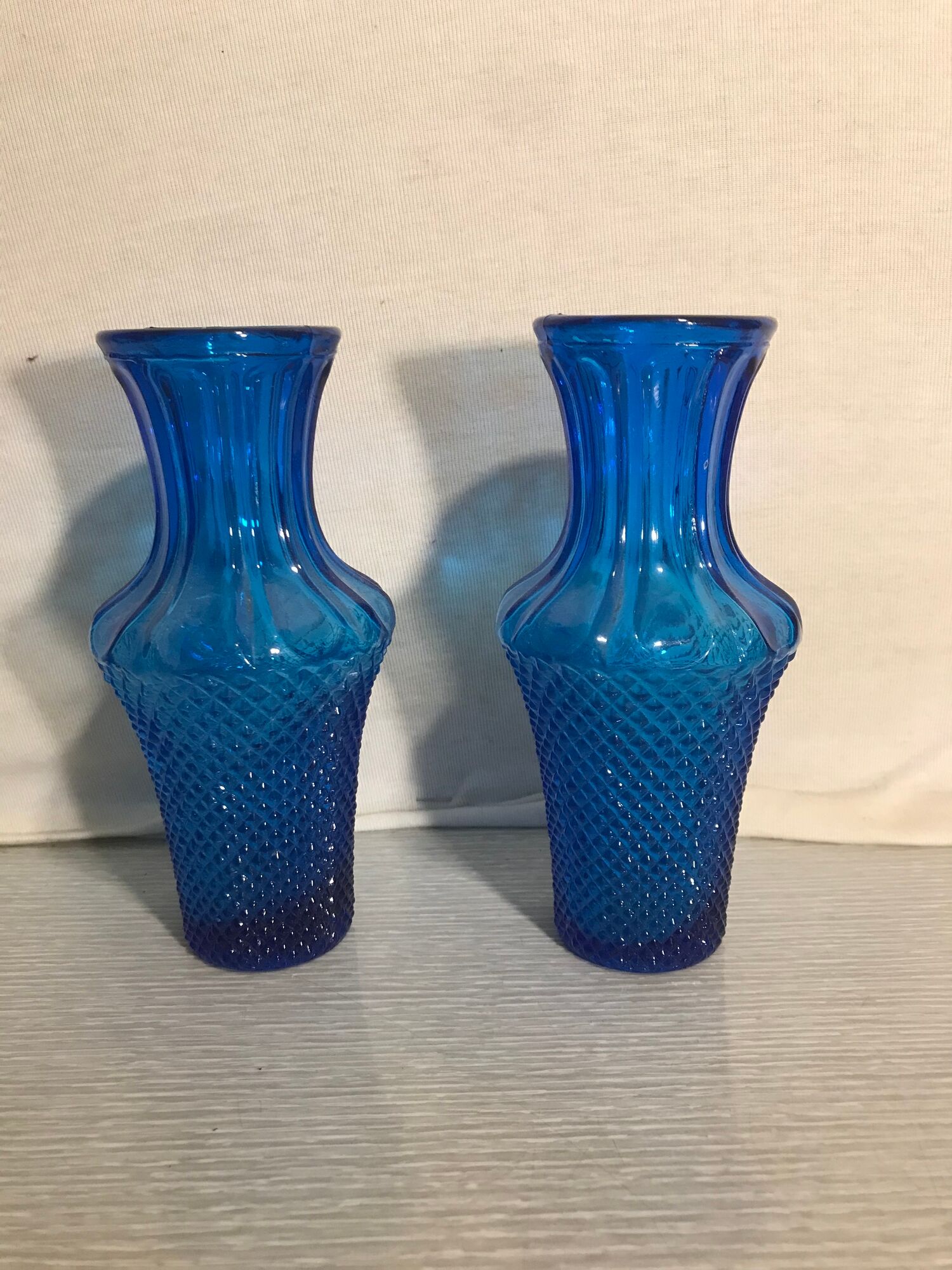 Pair Of Vase Ancient Art Deco Glass Molded Blue Geometric Shape Vintage