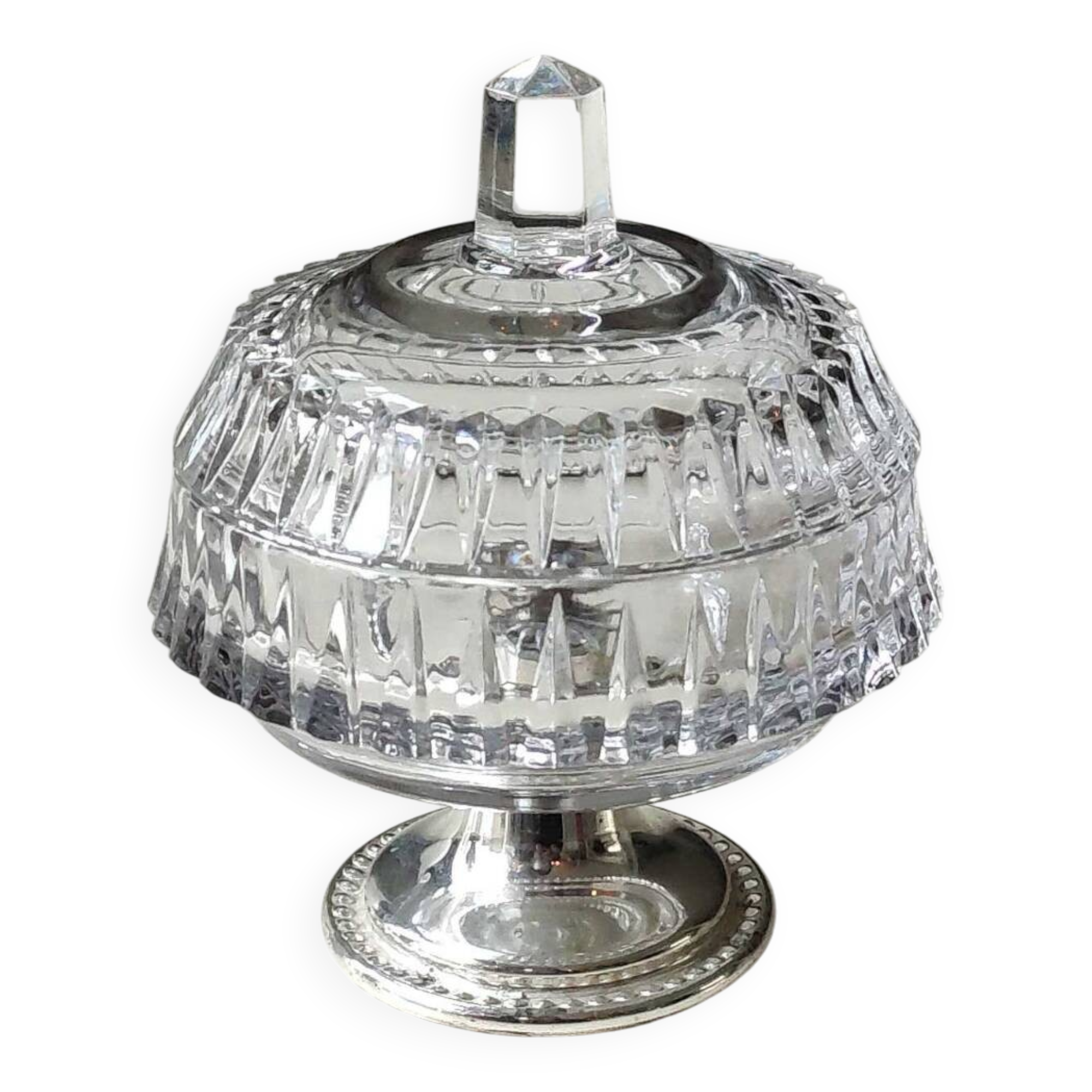 Antique cut crystal sugar bowl diamond point motifs on a metal base