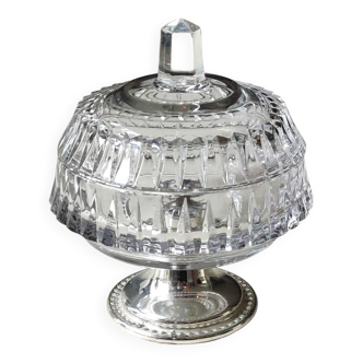 Ancien sucrier en cristal taillé motifs pointes diamant sur pied métal
