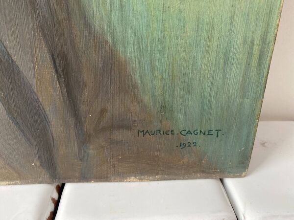 Portrait ancien à l'huile sur panneau 1920, peinture vintage d'un homme signée Cagnet