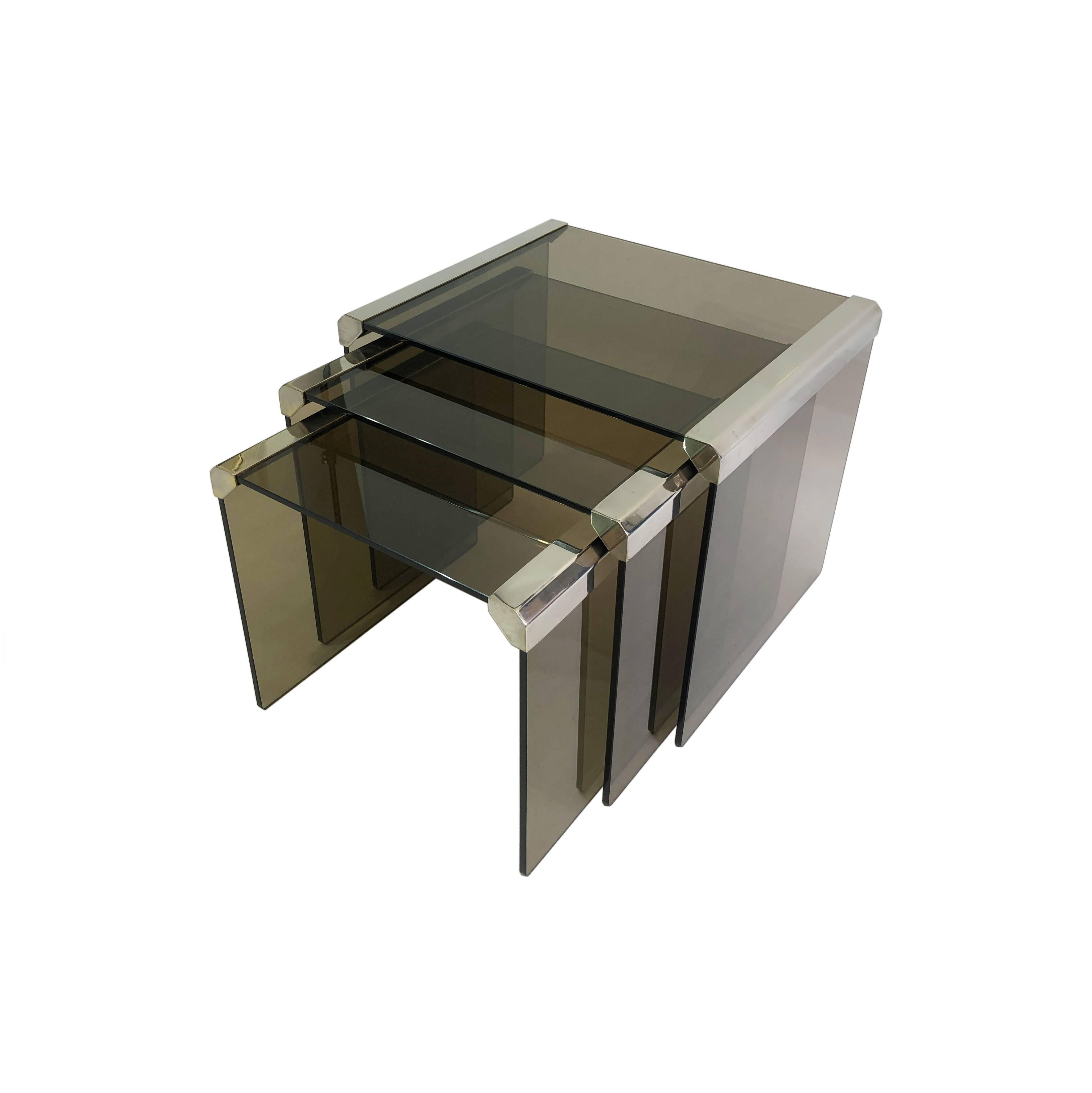 Gallotti & Radice ‘Tris’ T35 Smoked Glass Nest Side Tables Chrome