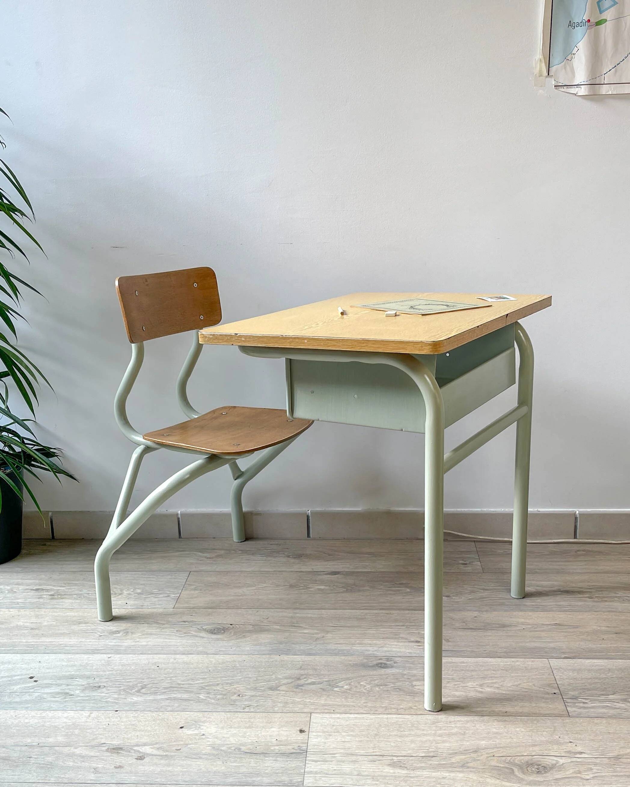 Vintage 1960s school desk – Antique wooden and metal aqua green desk – Retro school furniture – Vintage children's desk