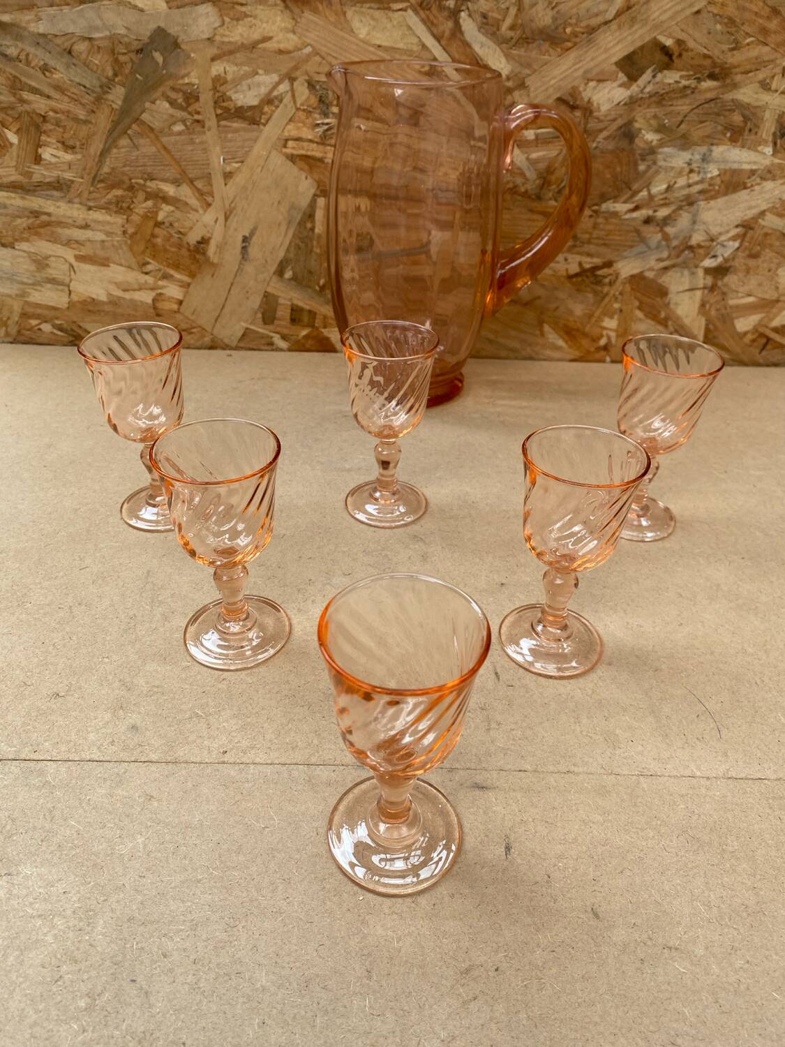 Antique Pink Blown Glass Pitcher Set + 6 Vintage Liqueur Glasses