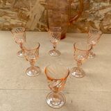 Antique Pink Blown Glass Pitcher Set + 6 Vintage Liqueur Glasses