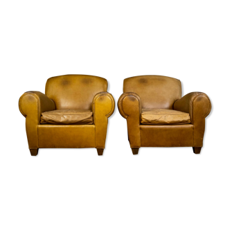Set of leather french club armchairs