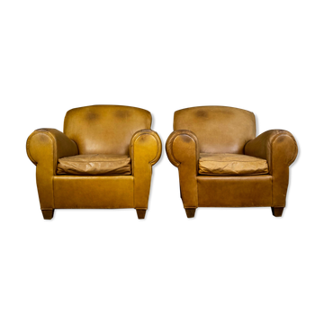 Set of leather french club armchairs