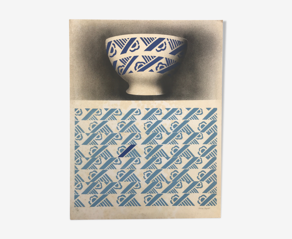Lithographie originale signée du groupe objectal le bol bleu, 1984.