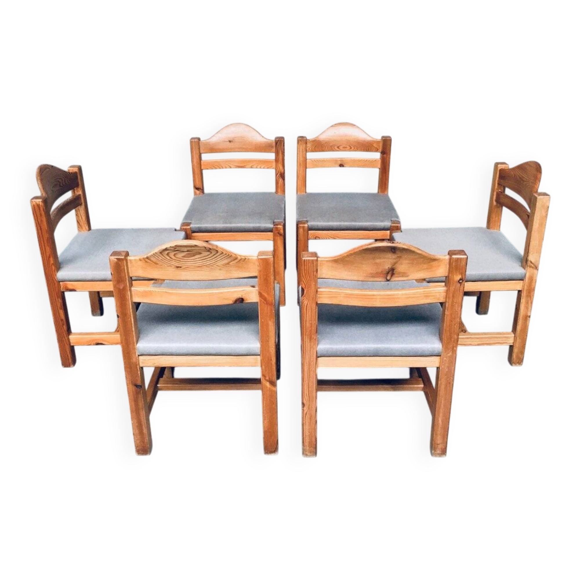 Brutalist Square Model Pine Dining Chairs, 1970s, Set of 6
