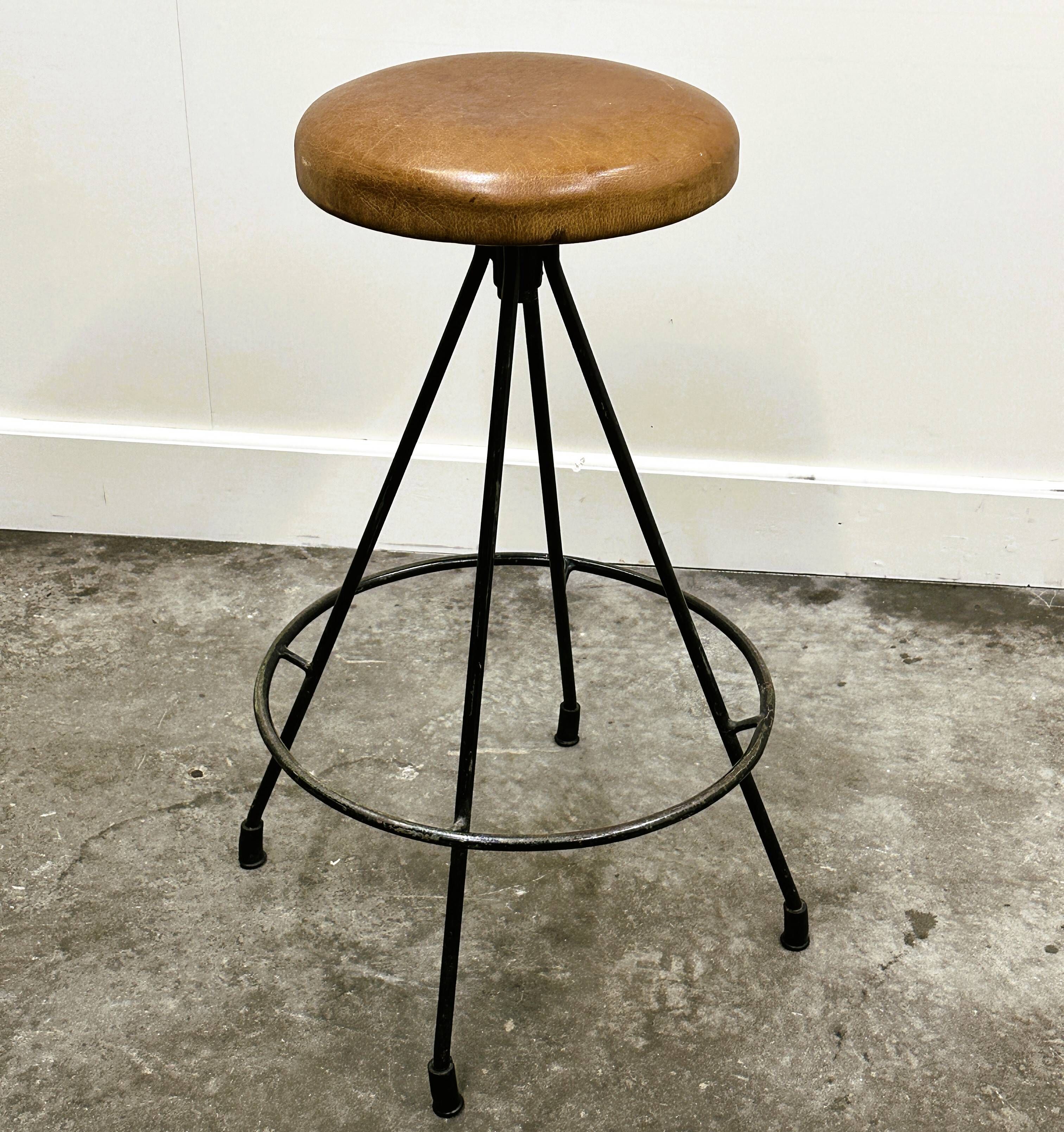 Pair of Industrial Vintage Metal Frame Bar Stools, France 1970s.