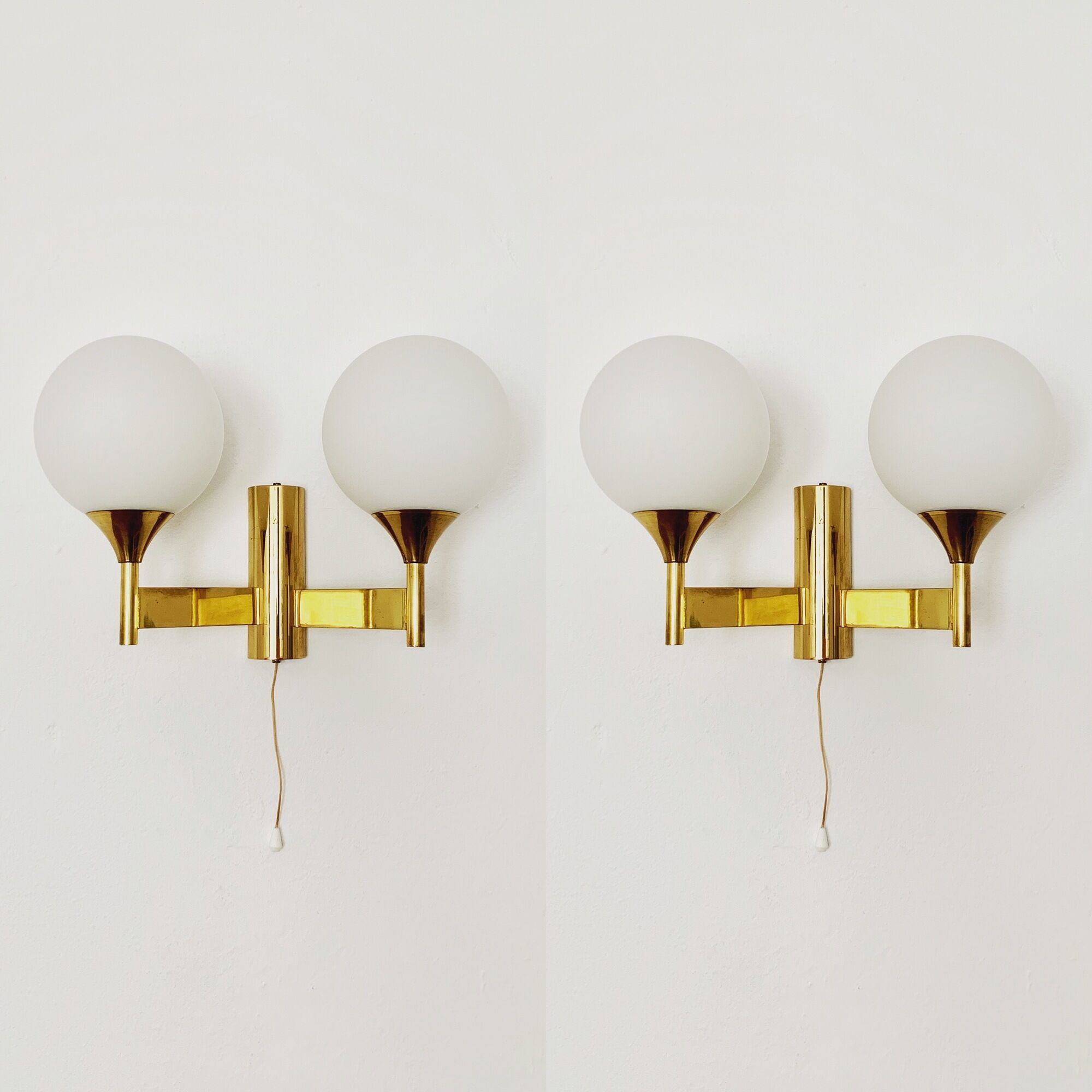 Set of 2 brass and opaline glass Sputnik wall lamps by Kaiser Leuchten