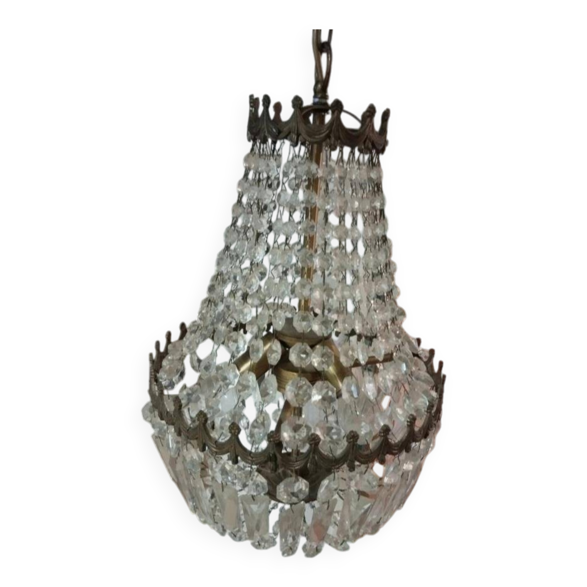 Lustre montgolfiere 3 feux bronze pampille cristal