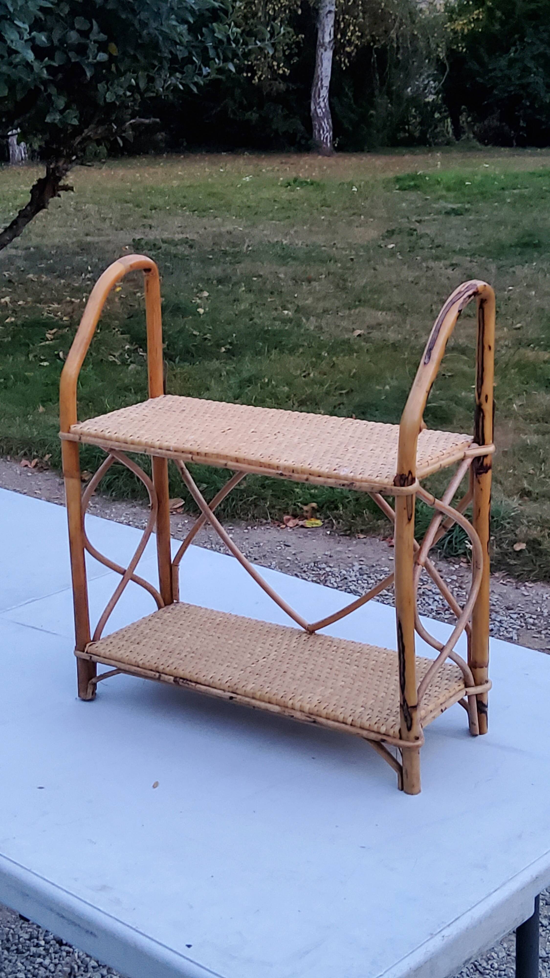 Double wall shelf in bamboo and rattan from the 70s