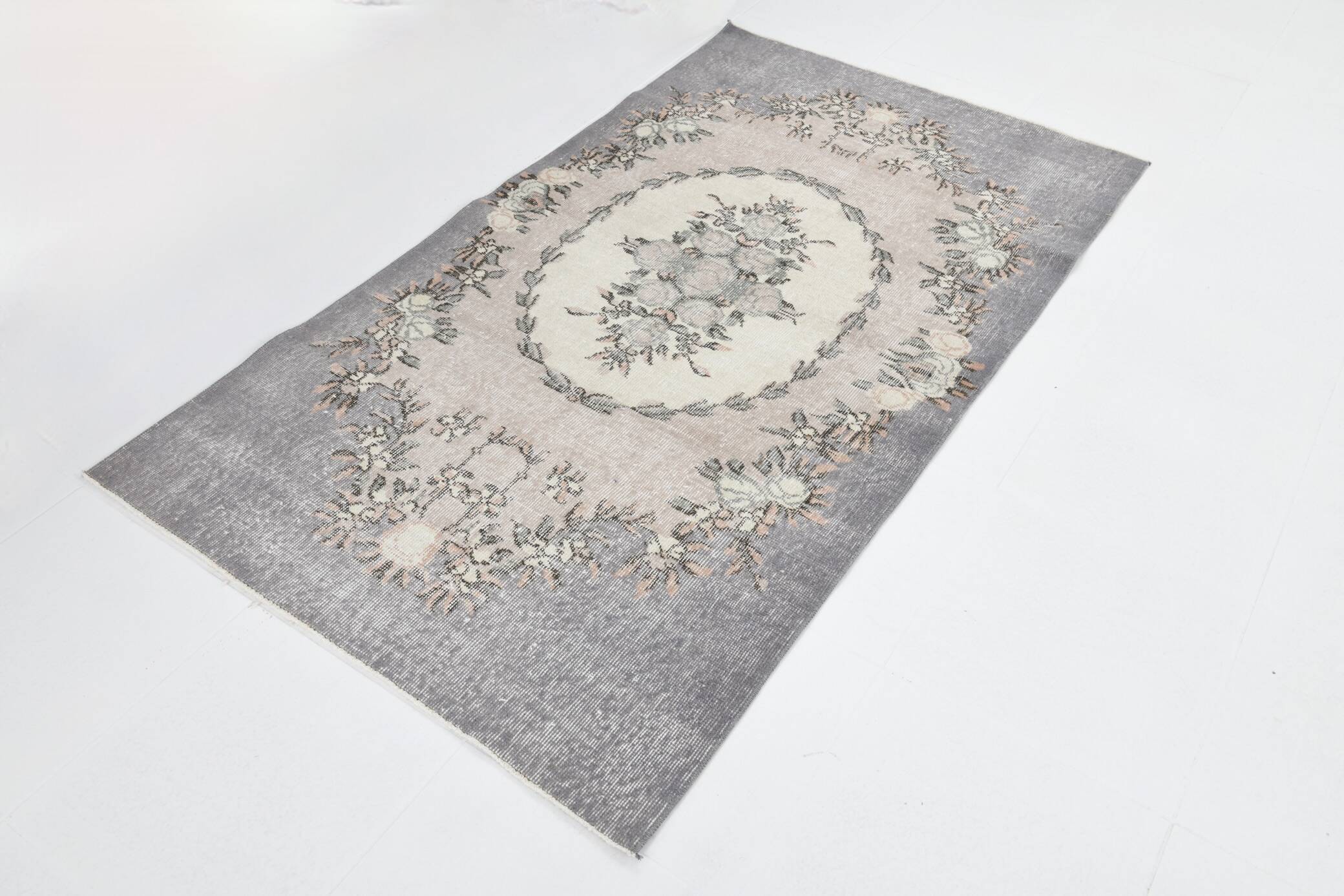 3x6 Gray & Cream Oriental Turkish Vintage Rug, 110x192Cm