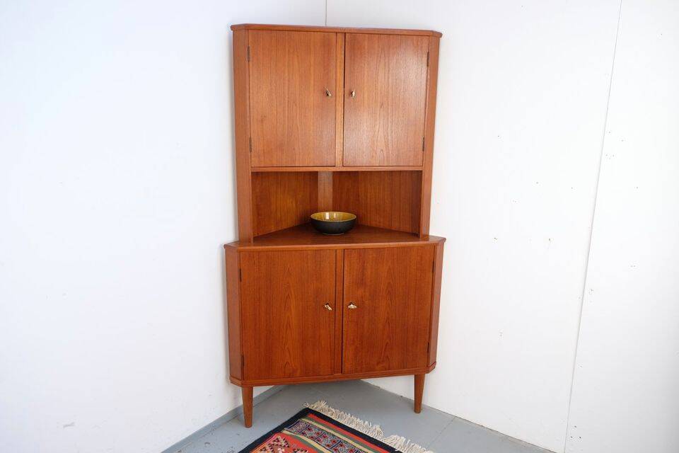 Vintage Danish teak corner cabinet, retro 1960s style.