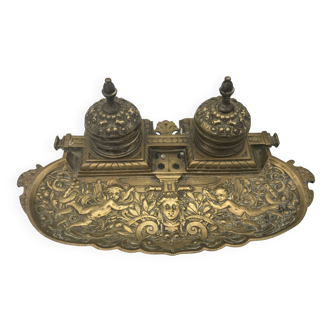 Double BRONZE INK BOTTLE with Antique Decor of Cherubs, 19th Century