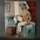 Portrait d'homme scène d'intérieur par Pegeaud-Deva XXe huile sur panneau