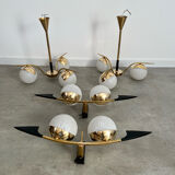 Lot light fixtures and chandeliers design Arlus 50s brass and opaline vintage