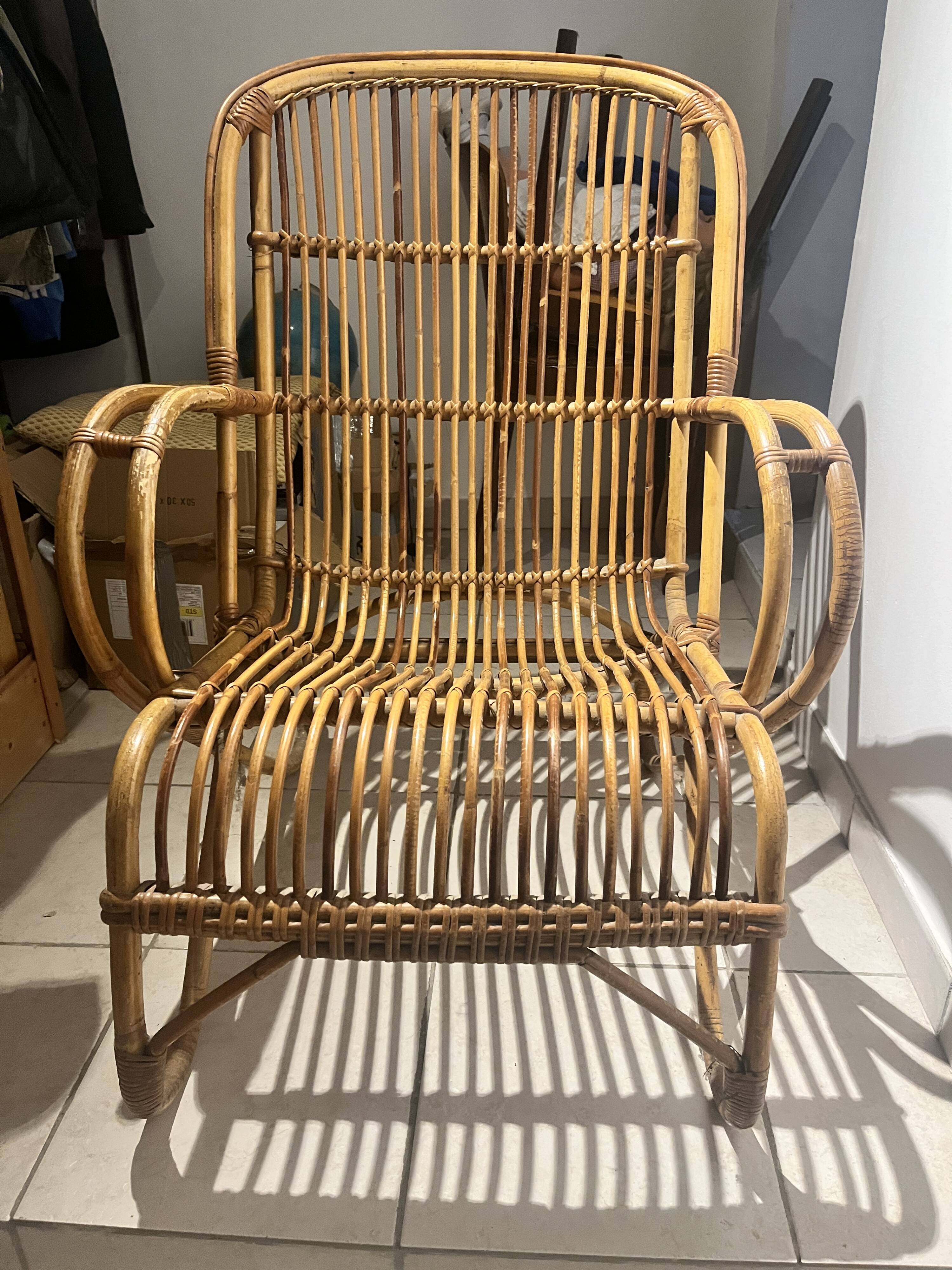 Vintage Rattan and Bamboo Armchair – Franco Albini Style – 1960s