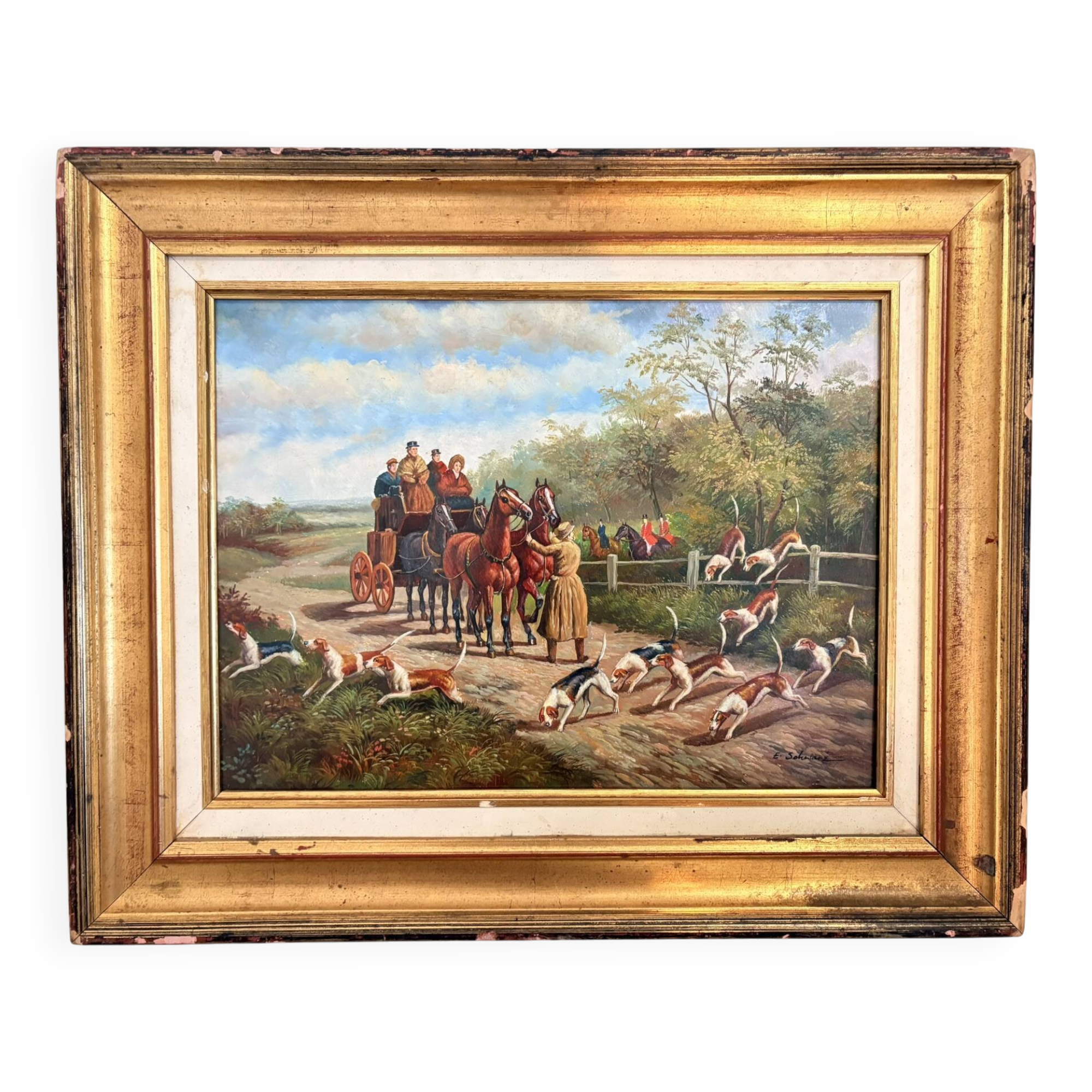 Oil Painting Panel Wood Gilded Hunting English Dog 19th Century