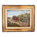 Oil Painting Panel Wood Gilded Hunting English Dog 19th Century