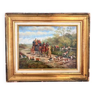 Oil Painting Panel Wood Gilded Hunting English Dog 19th Century