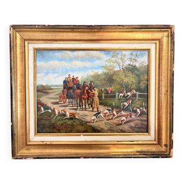 Oil Painting Panel Wood Gilded Hunting English Dog 19th Century