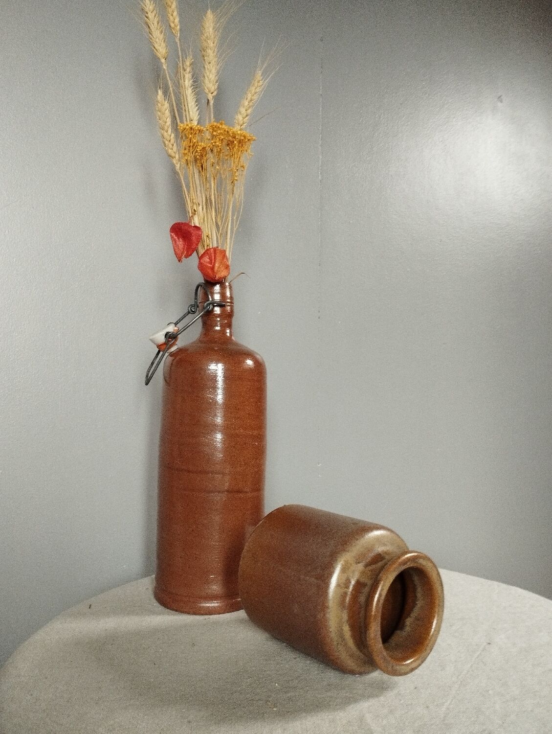 Stoneware pottery duo, bottle + pot, 1950's