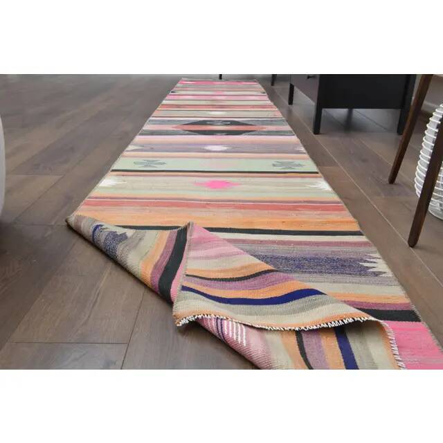 Vintage Turkish Hand-Knotted Wool Cotton Pink Runner Rug 72x398