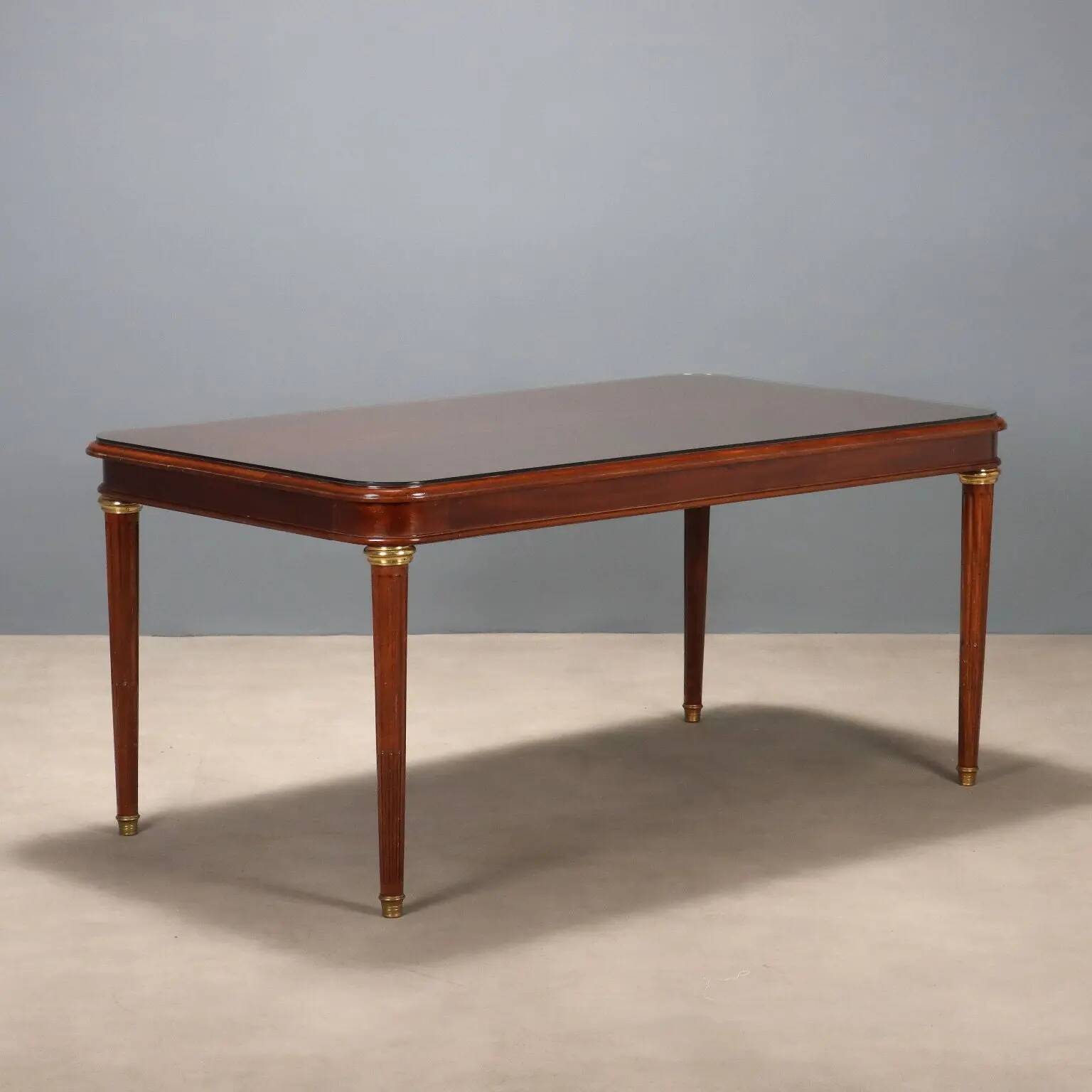 Antique mahogany table with gilded bronze and glass, United Kingdom 1900s