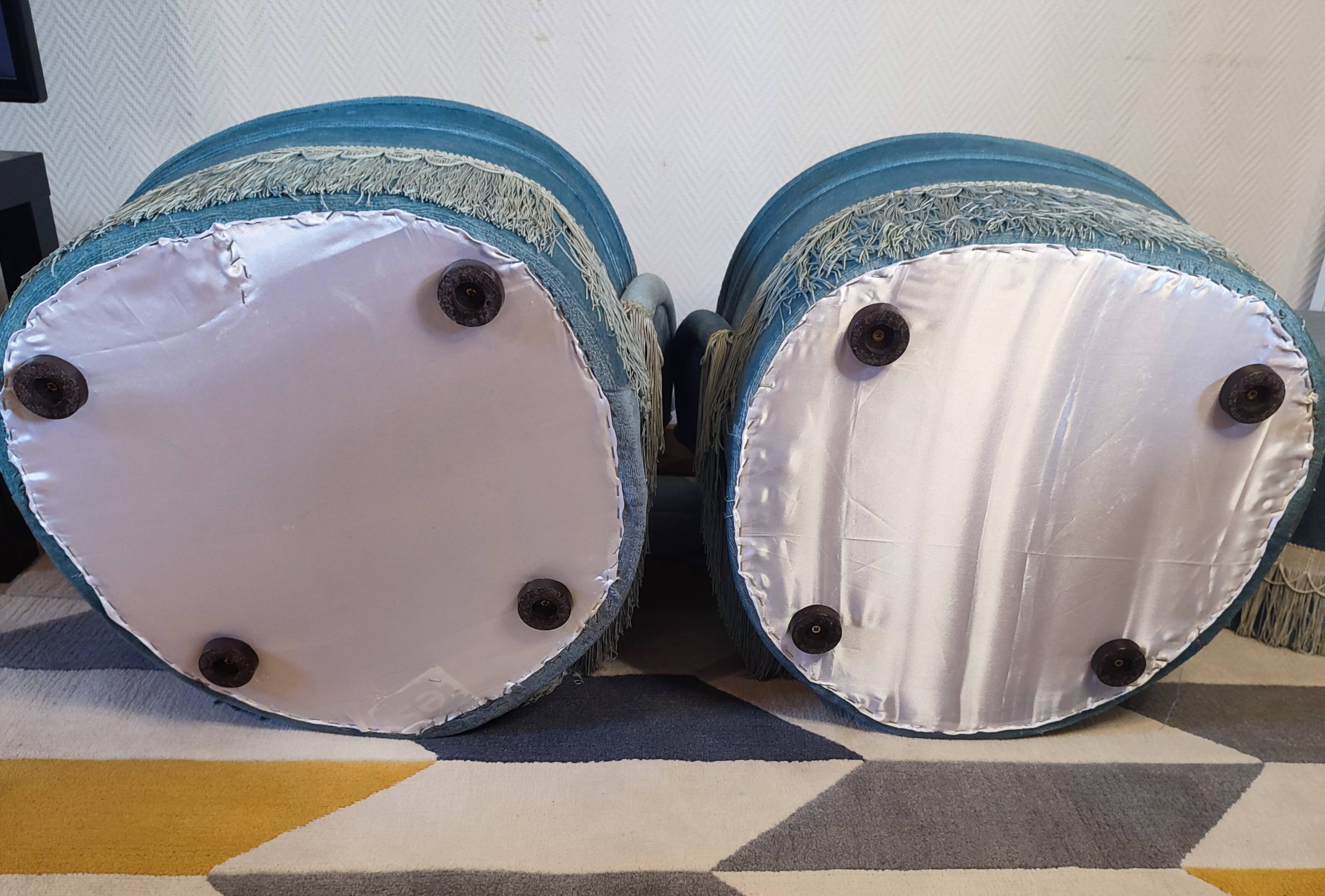 Pair of Crapaud armchairs and a vintage blue velvet pouf