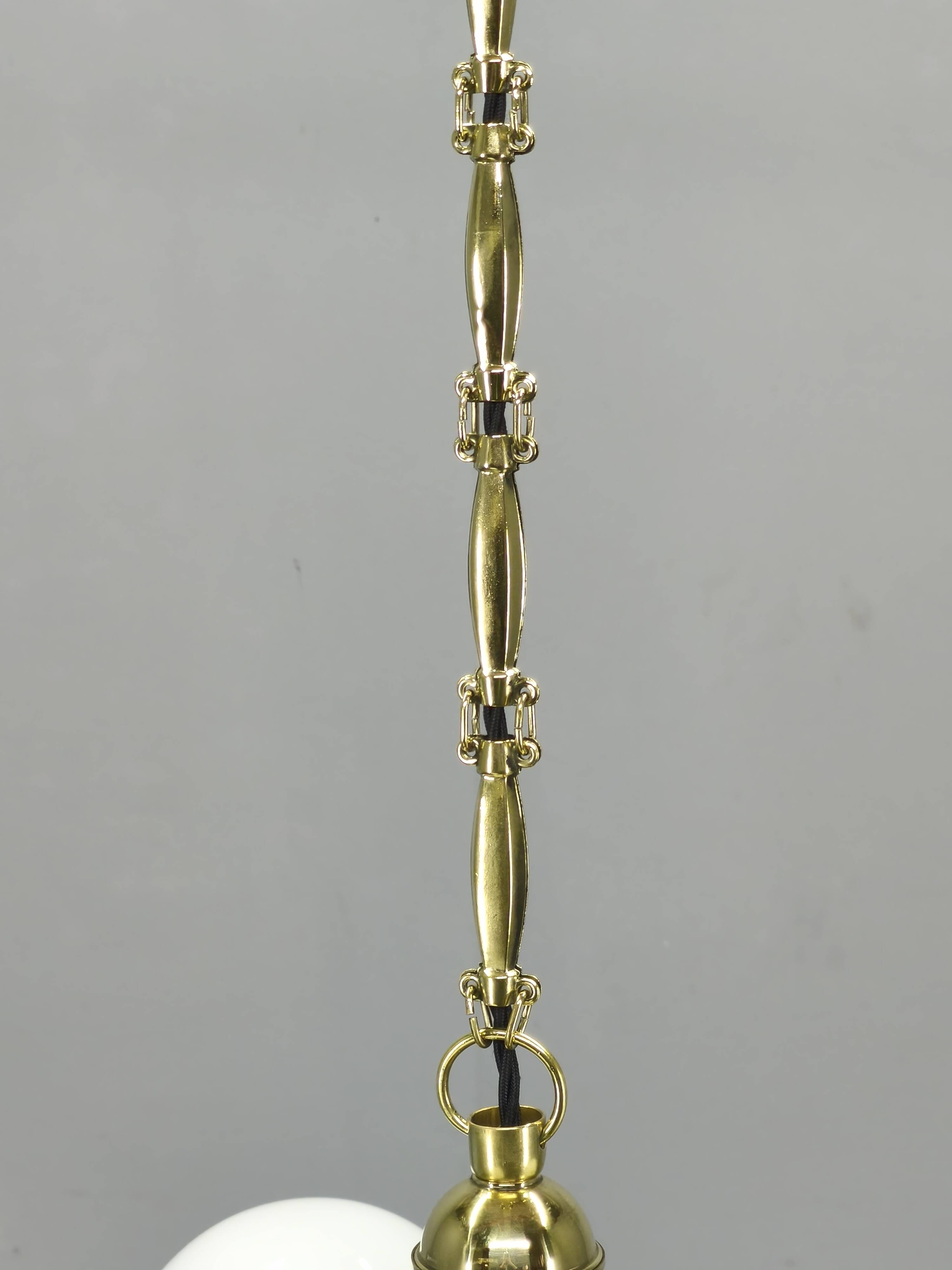 1930s Czech Art Deco Brass Chandelier with Milk Glass Globes
