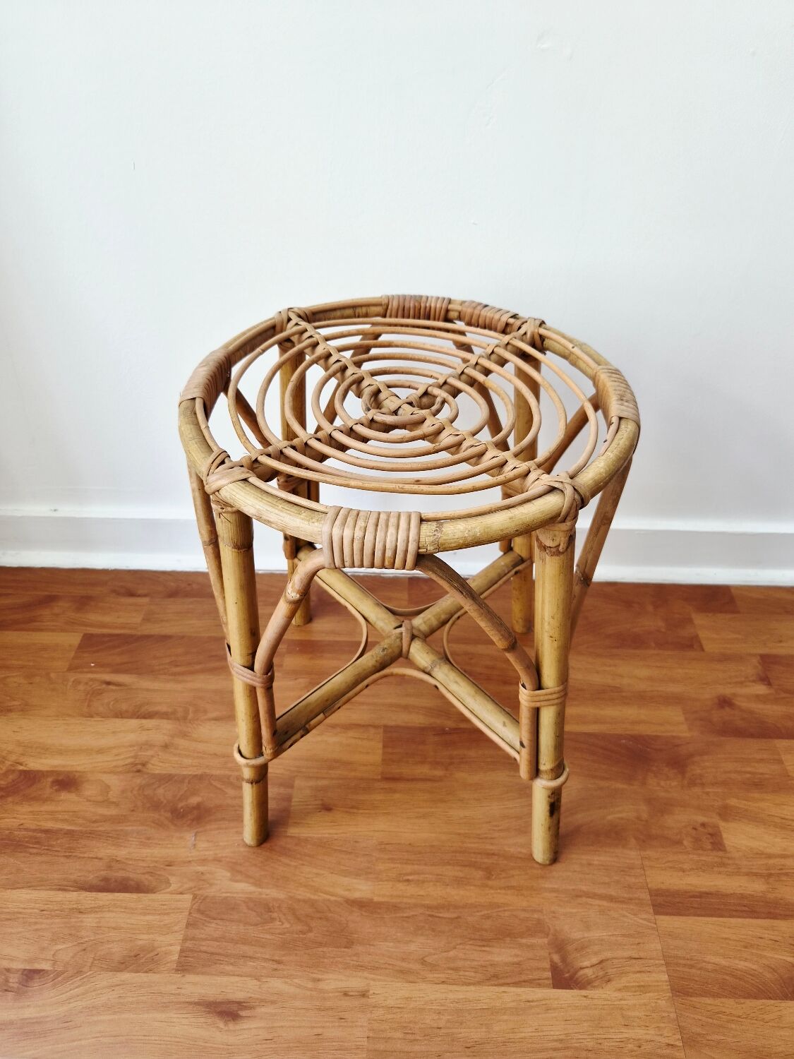 Vintage rattan stool in retro bohemian style - 1950s/1960s -