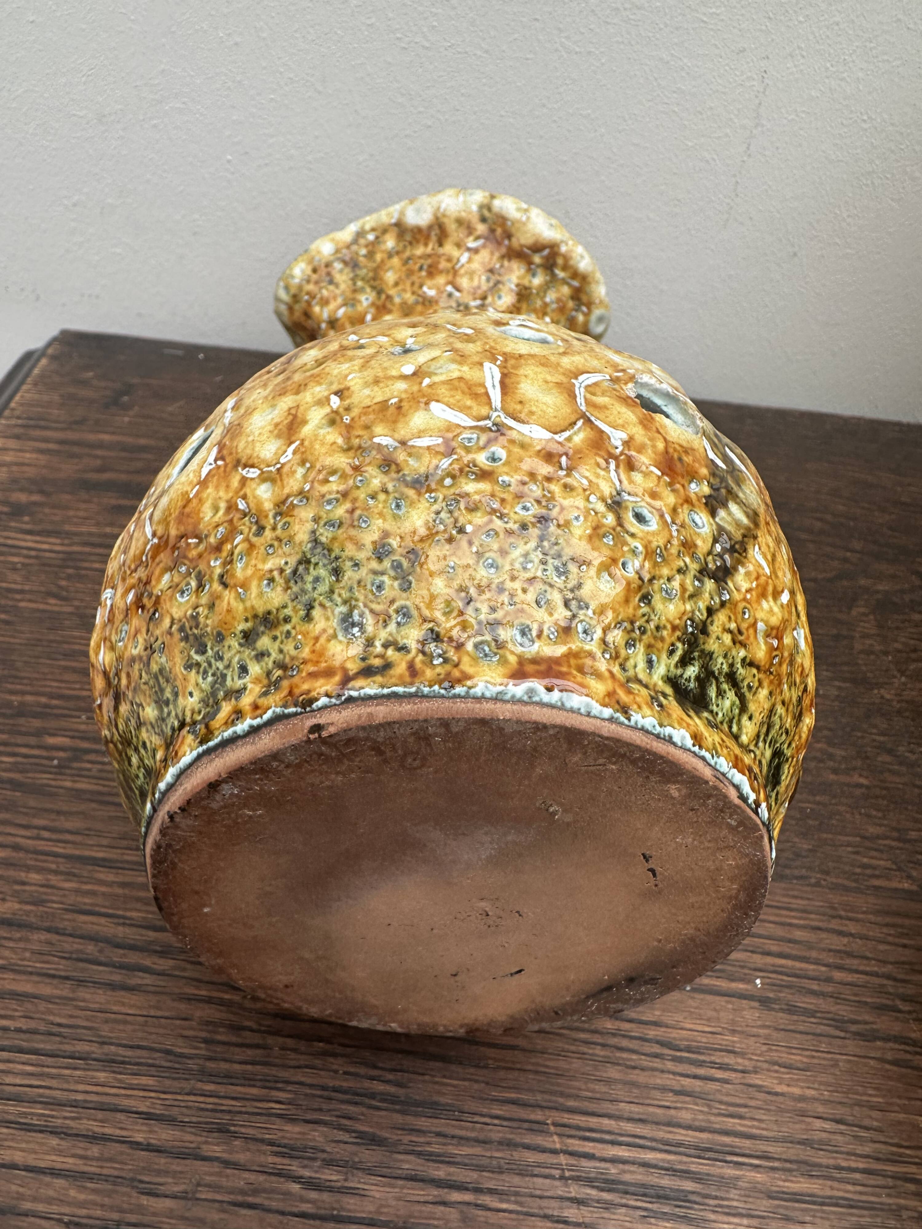Set of 3 vases and 1 trinket tray, Honey / Fat Lava Vallauris, 1970s