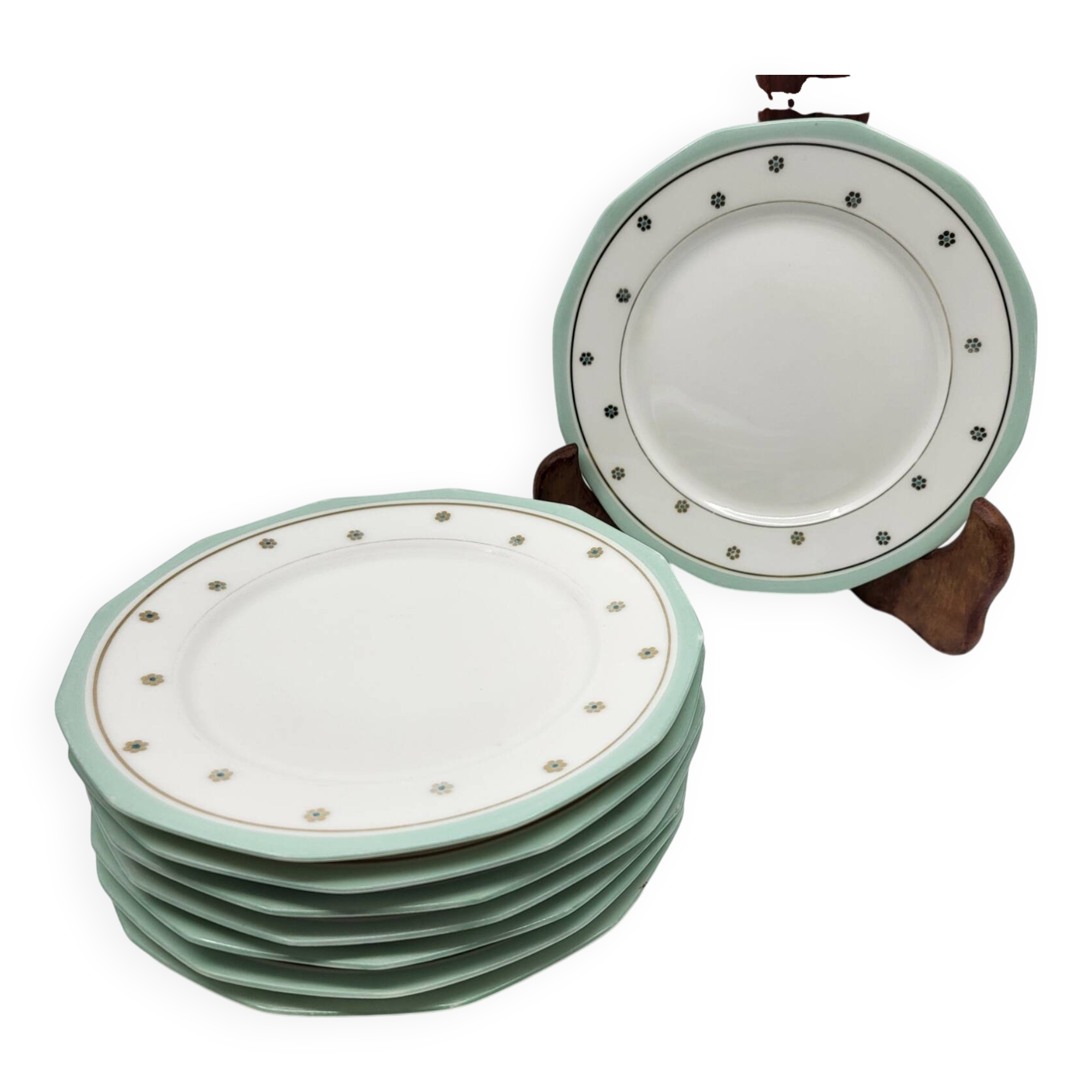 Limoges porcelain plates with green border and gold and blue flower decoration, French set of 8